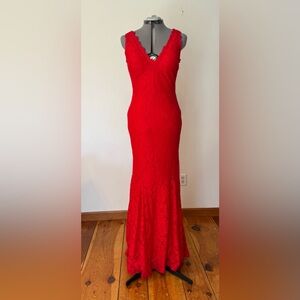 Betsy & Adam Red Lace Bombshell Mermaid Gown